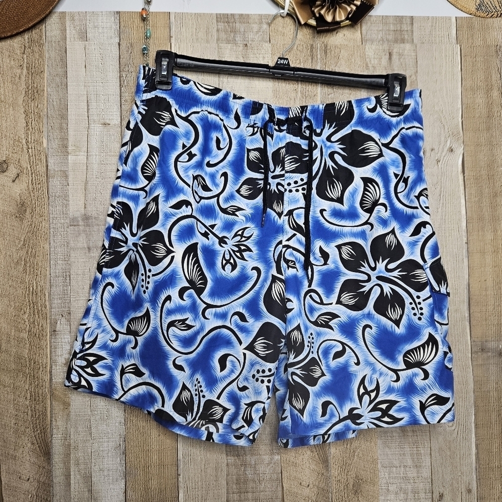 Speedo Swim Trunks Shorts Large Blue Floral Mesh Lined Hawaiian Beach W/ Pockets